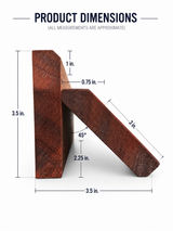 Product dimensions diagram of a reddish-brown wooden nameplate, showing measurements of 3.5 inches, 1 inch, 0.